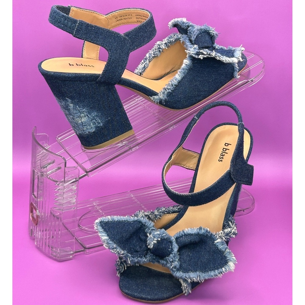 B Blass Women's Carmen Denim Blue Frayed Bow Block Heel Sandals Slingback 7M